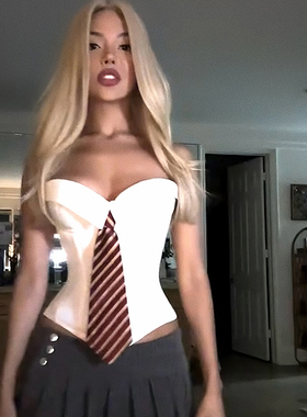 HunterGirl美式性感鱼骨绑带翻领弹力衬衫抹胸上衣条纹低腰百褶裙