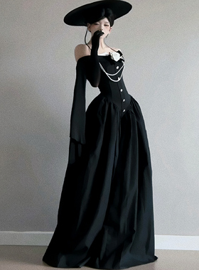 HunterGirl Jennie同款一字肩立体花朵长袖礼服裙收腰大摆连衣裙