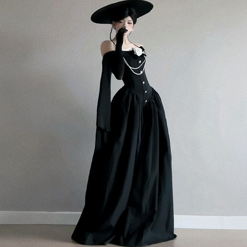 长袖一字肩收腰立体花朵大摆