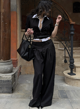 现HunterGirl海妖风低腰直筒条纹西装长裤慵懒风垂坠感设计感小众