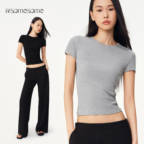 asomesome辣妹夏正肩修身T恤显瘦