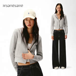 asomesome美式灰色短款修身连帽卫衣外套女秋休闲格纹拼接上衣