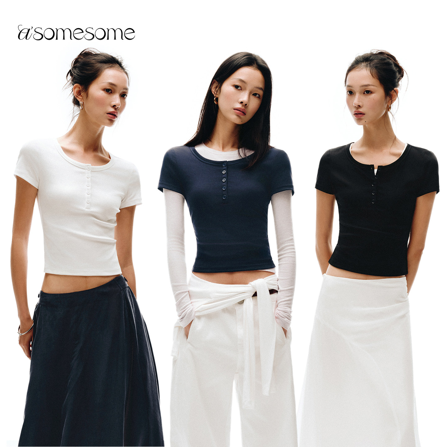 asomesome美式亨利领修身短袖T恤图片