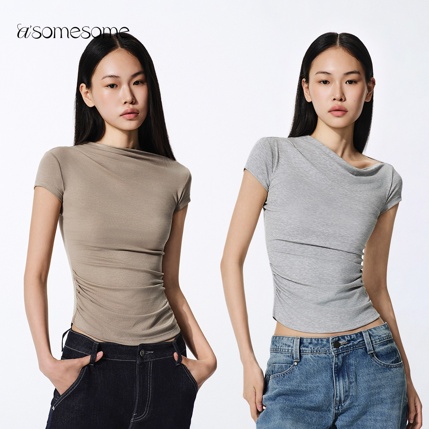 asomesome美式辣妹斜肩抽褶短袖T图片