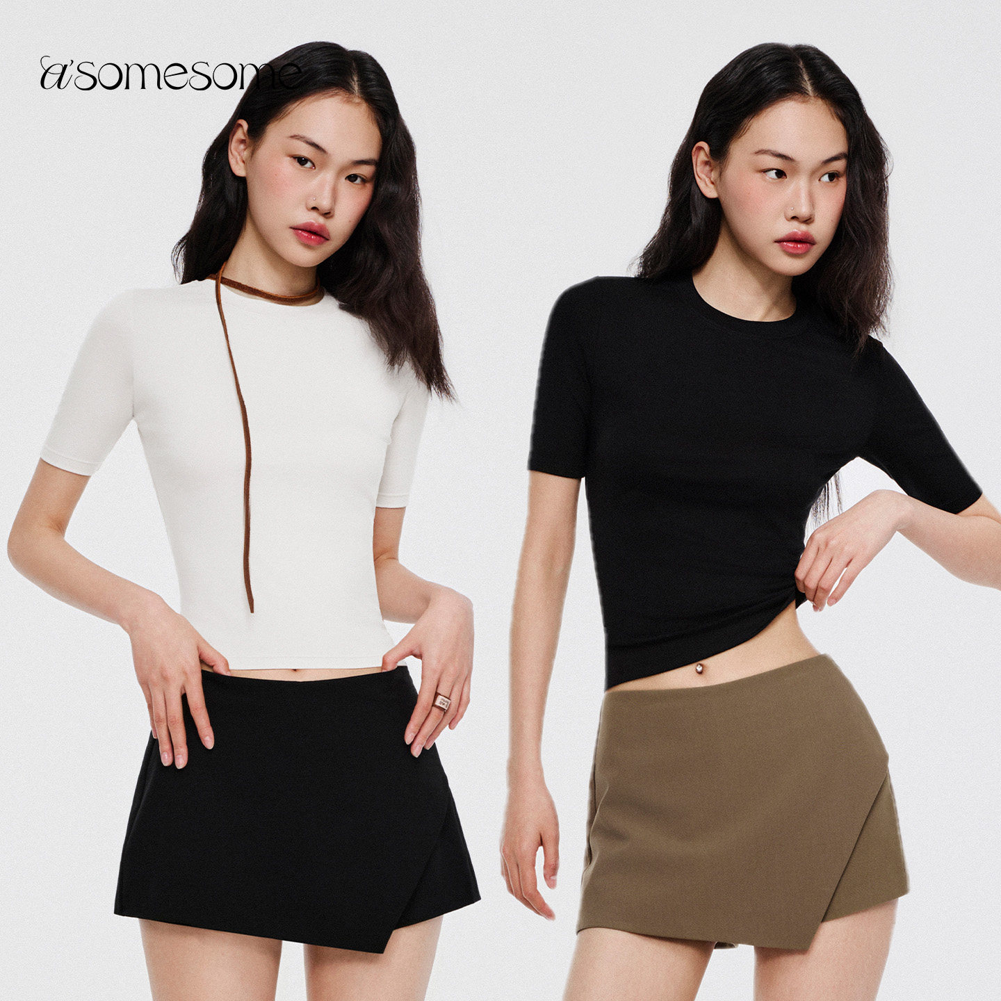 asomesome美式中袖小圆领正肩T恤女春秋新修身显瘦气质打底上衣