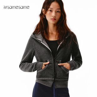 asomesome美式正反两穿双拉链连帽卫衣女秋格纹拼接外套休闲上衣