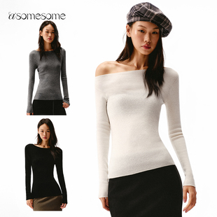 asomesome全羊毛亲肤针织打底衫 内搭上衣 女秋冬一字肩毛衣修身