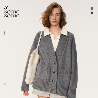 asomesome美式学院风针织开衫外套女秋冬高级感羊毛混纺宽松上衣