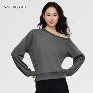 asomesome美式斜肩长袖短款露肩卫衣女2026秋冬宽松休闲套头上衣