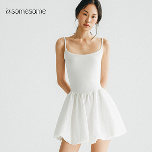asomesome美式辣妹吊带连衣裙女夏设计感白色花苞裙收腰伞裙
