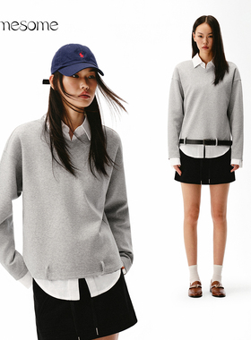 asomesome美式灰色V领落肩卫衣女秋新设计感宽松显瘦休闲长袖上衣