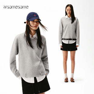 asomesome美式灰色V领落肩卫衣女秋新设计感宽松显瘦休闲长袖上衣