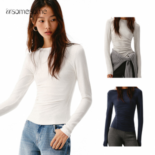 asomesome美式露肩一字领修身长袖T恤女春收腰内搭打底衫针织上衣