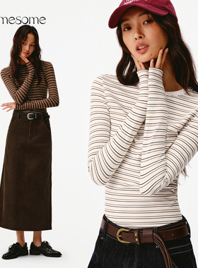 asomesome圆领磨毛条纹修身长袖女秋冬软糯保暖紧身内搭打底上衣