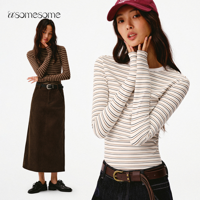 asomesome复古磨毛条纹修身打底