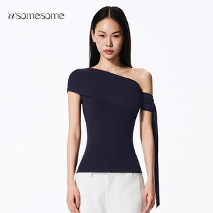 asomesome辣妹斜肩飘带褶皱修身短袖T恤女夏新设计感吊带露肩上衣
