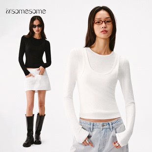 asomesome白色设计感假两件叠穿背心长袖T恤女春外穿内搭显瘦上衣
