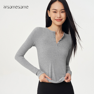 asomesome美式修身针织长袖T恤女白色紧身内搭休闲上衣亨利打底衫