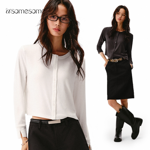 asomesome设计感圆领宽松长袖T恤女秋内搭打底衫针织开衫休闲上衣