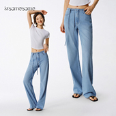 asomesome美式 休闲直筒阔腿裤 复古浅蓝低腰水洗牛仔裤 女夏薄款