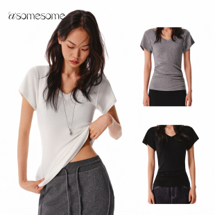 asomesome天丝羊毛V领长款短袖女秋新透气收腰基础款T恤显瘦上衣