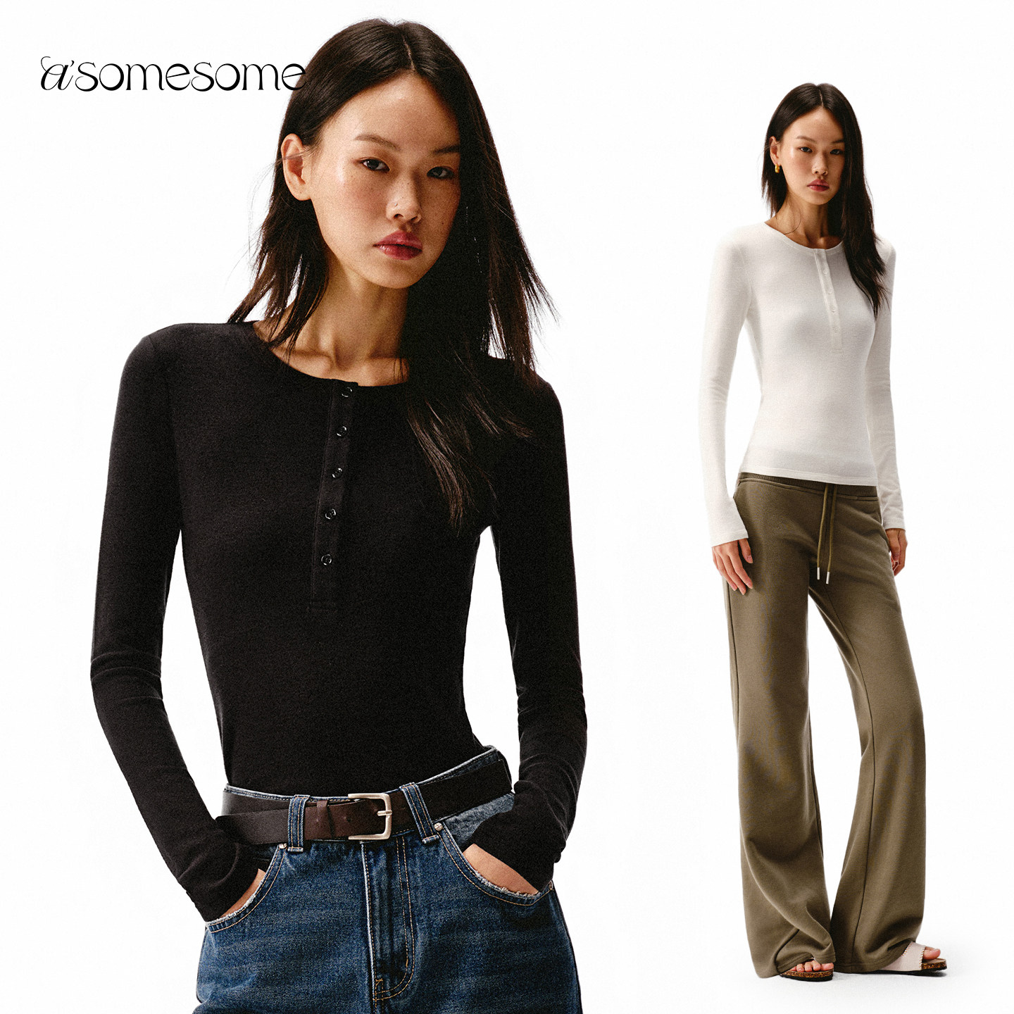 asomesome亨利领慕斯绒修身打底衫女春长袖T恤保暖白色内搭上衣