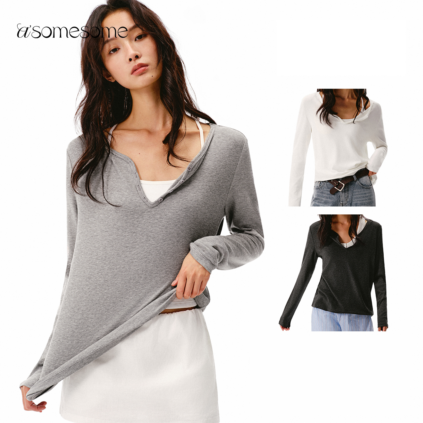 asomesomeV领宽松针织打底长袖T