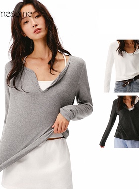 asomesome美式亨利领宽松针织长袖T恤女秋V领内搭打底衫显瘦上衣