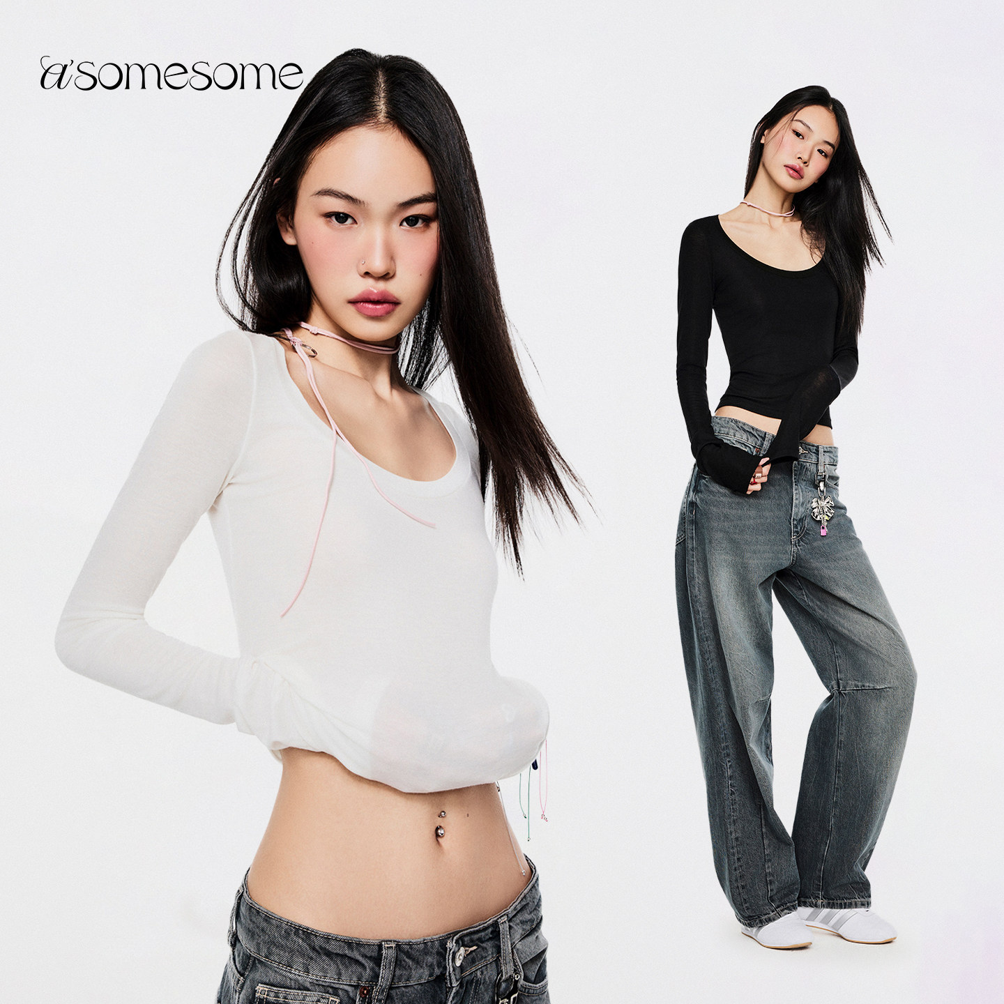 asomesome辣妹羊毛白色圆领微透长袖T恤女修身内搭打底衫针织上衣 - asomesome