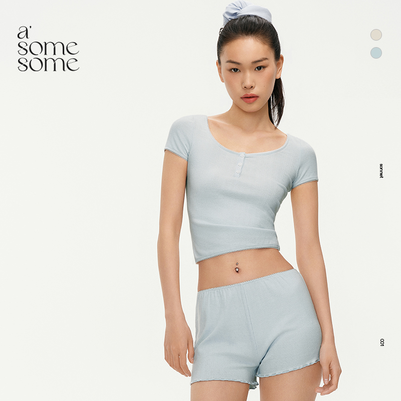 asomesome美式辣妹提花半开襟短袖T恤女夏季修身内搭打底衫上衣