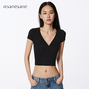 asomesome美式V领亨利领修身正肩短袖T恤女夏新纽扣短款修身上衣