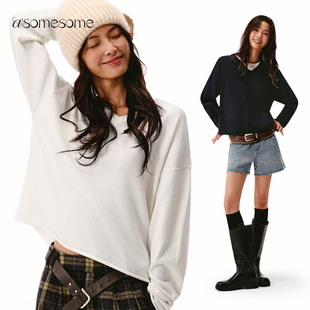 asomesomeV领卷边羊毛针织衫女秋冬保暖宽松慵懒套头毛衣休闲上衣