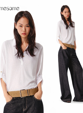 asomesome美式针织polo衫通勤衬衫女秋季宽松慵懒白色长袖上衣