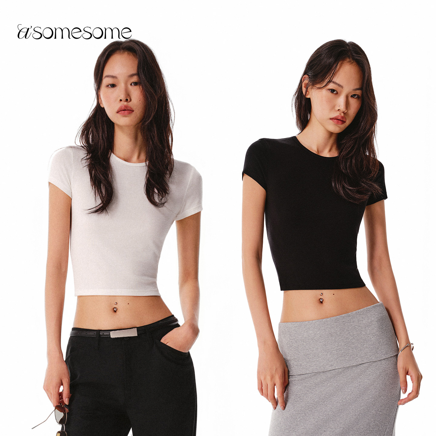 asomesome天丝羊毛美式圆领正肩白色短袖T恤女春新款微透修身上衣