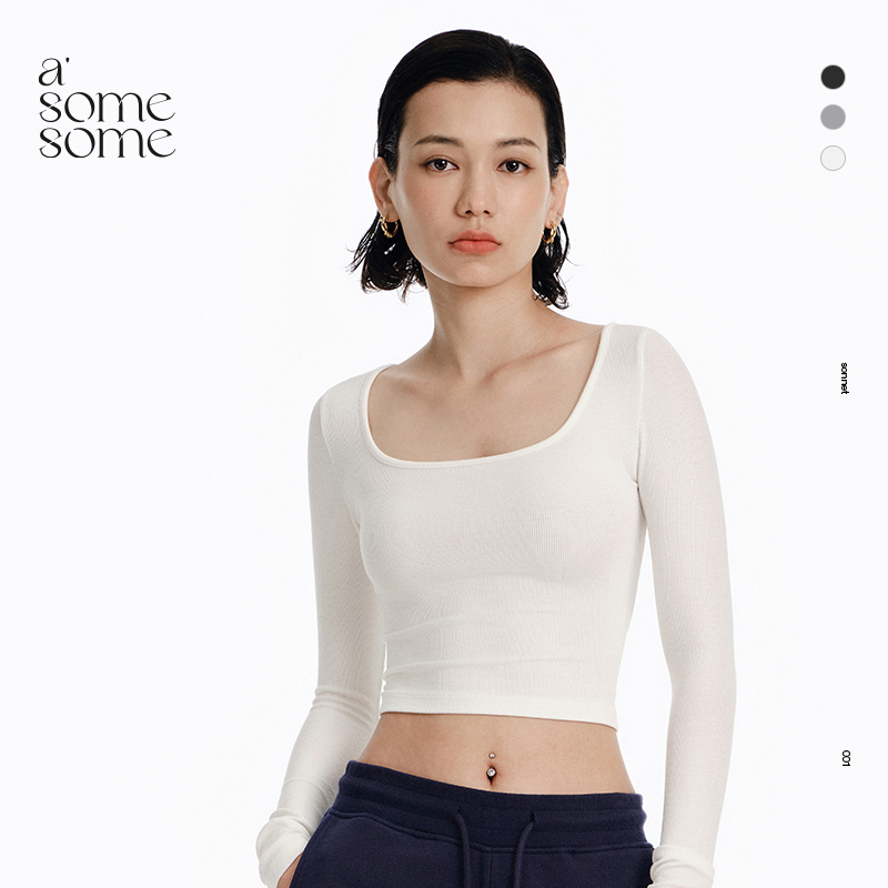 asomesome美式修身方领白色修身打底衫长袖女秋低领短款内搭上衣