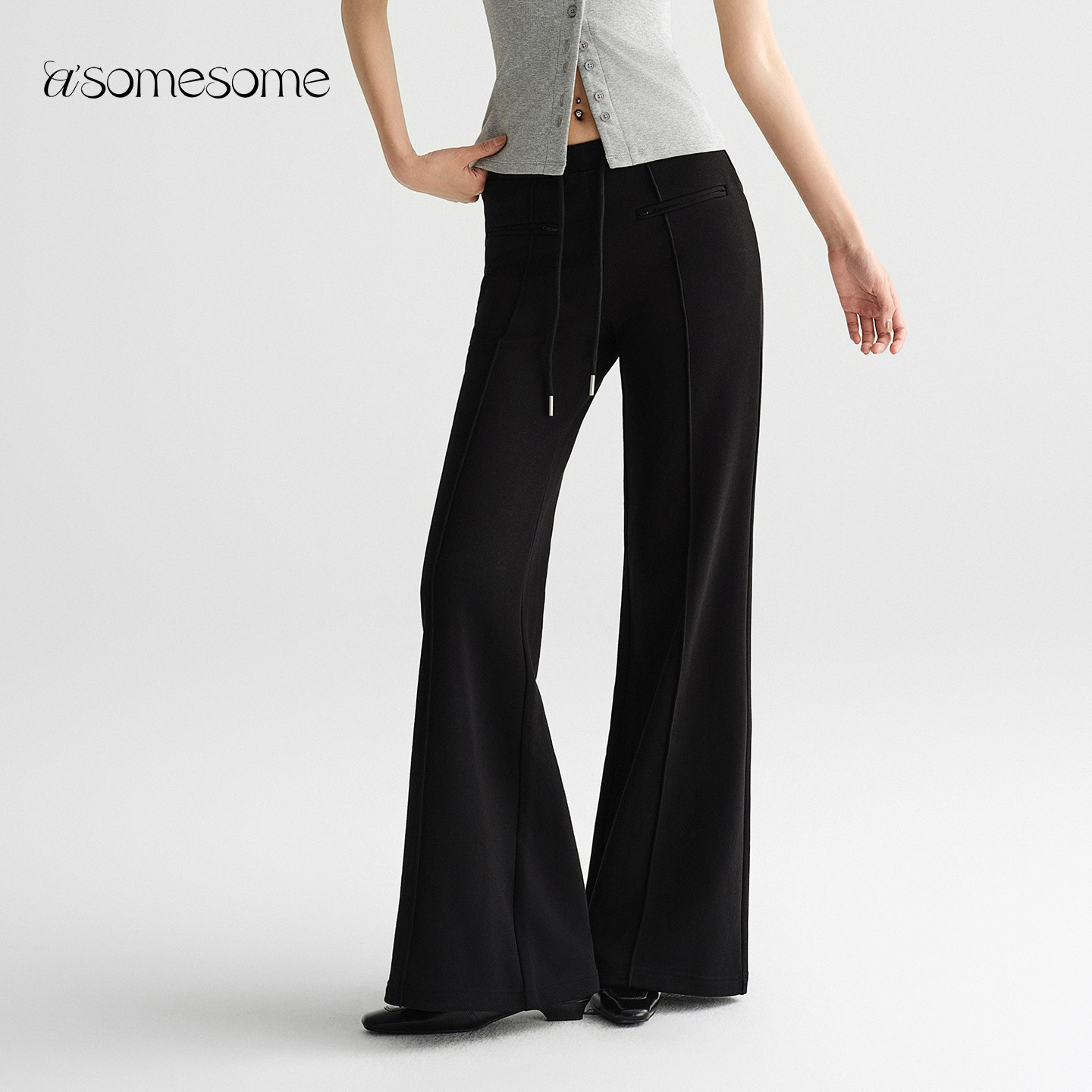 asomesome美式抽绳弹力运动卫裤修身微喇裤女夏新显瘦休闲拖地裤,女装/女士精品,休闲裤,淘宝优惠券,粉丝福利购,淘宝优惠卷