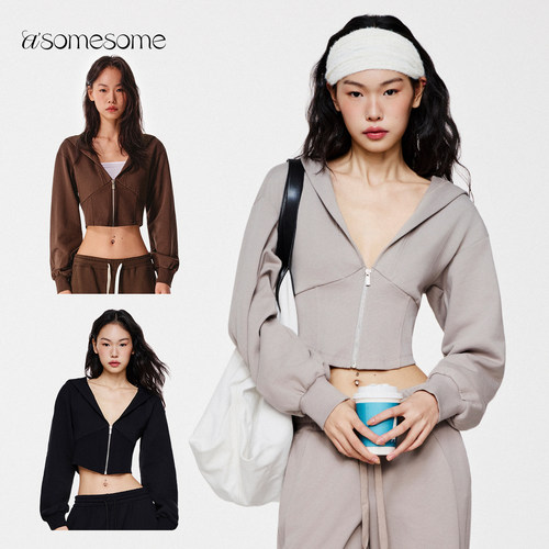 asomesome美式辣妹短款收腰卫衣女新款休闲瑜伽拉链开衫外套上衣