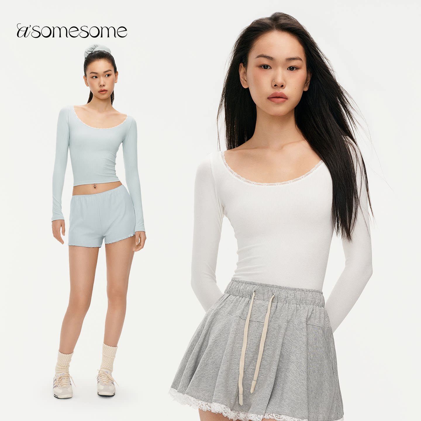 asomesome美式辣妹蕾丝边长袖T恤女春款修身外穿内搭上衣打底衫