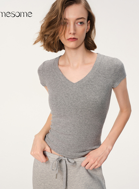 asomesome美式修身正肩V领短袖T恤女2025基础内搭显瘦上衣打底衫