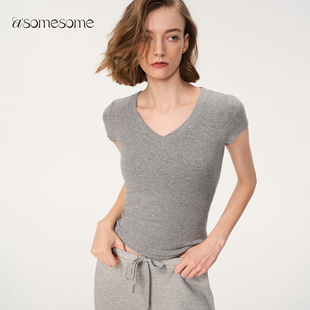 asomesome美式修身正肩V领灰色短袖T恤女亲肤弹力白色内搭上衣