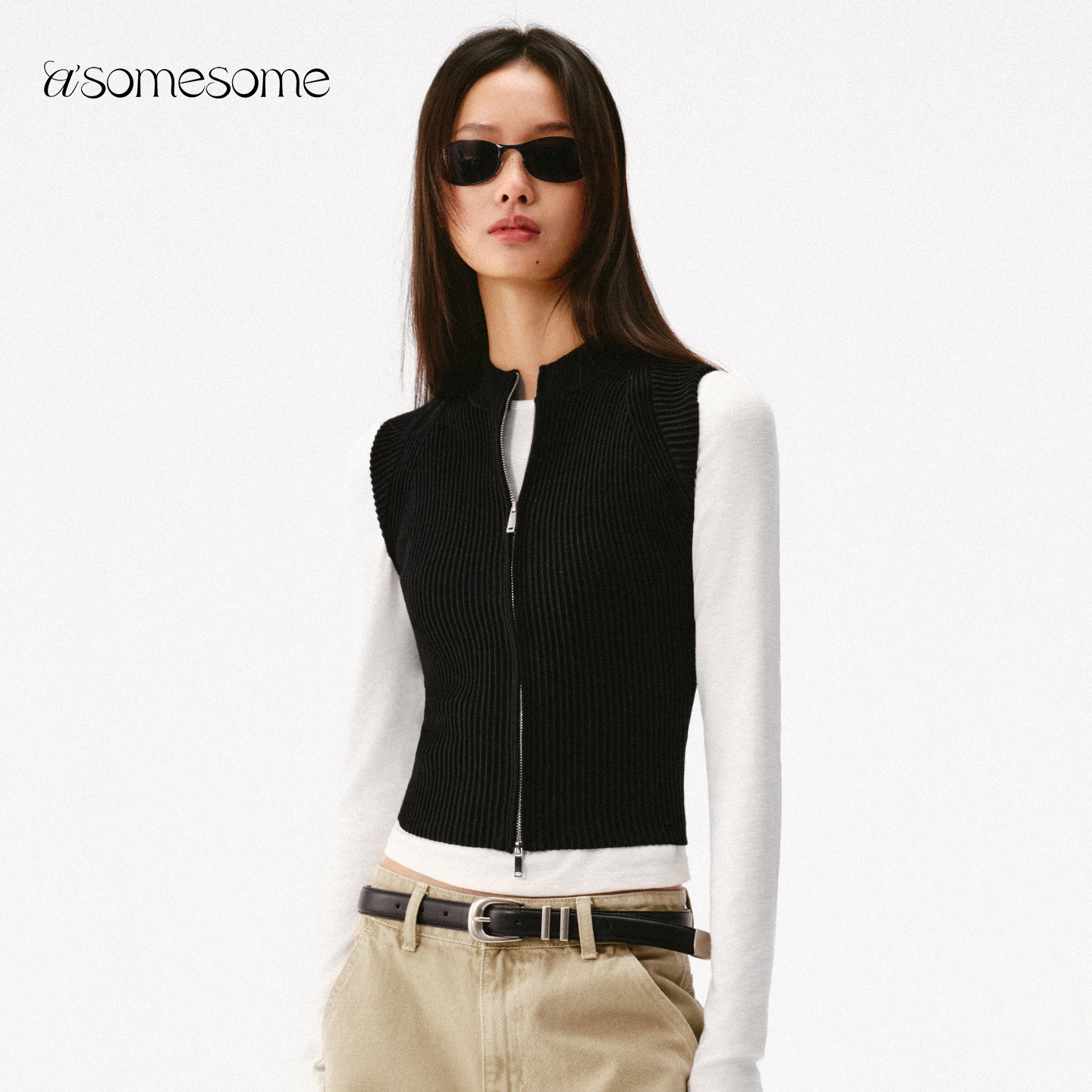 asomesome复古双拉链紧身马甲针织开衫女春修身无袖背心显瘦上衣