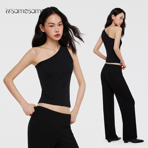 asomesome辣妹黑色斜肩背心吊带女夏t恤露肩设计感紧身单肩上衣