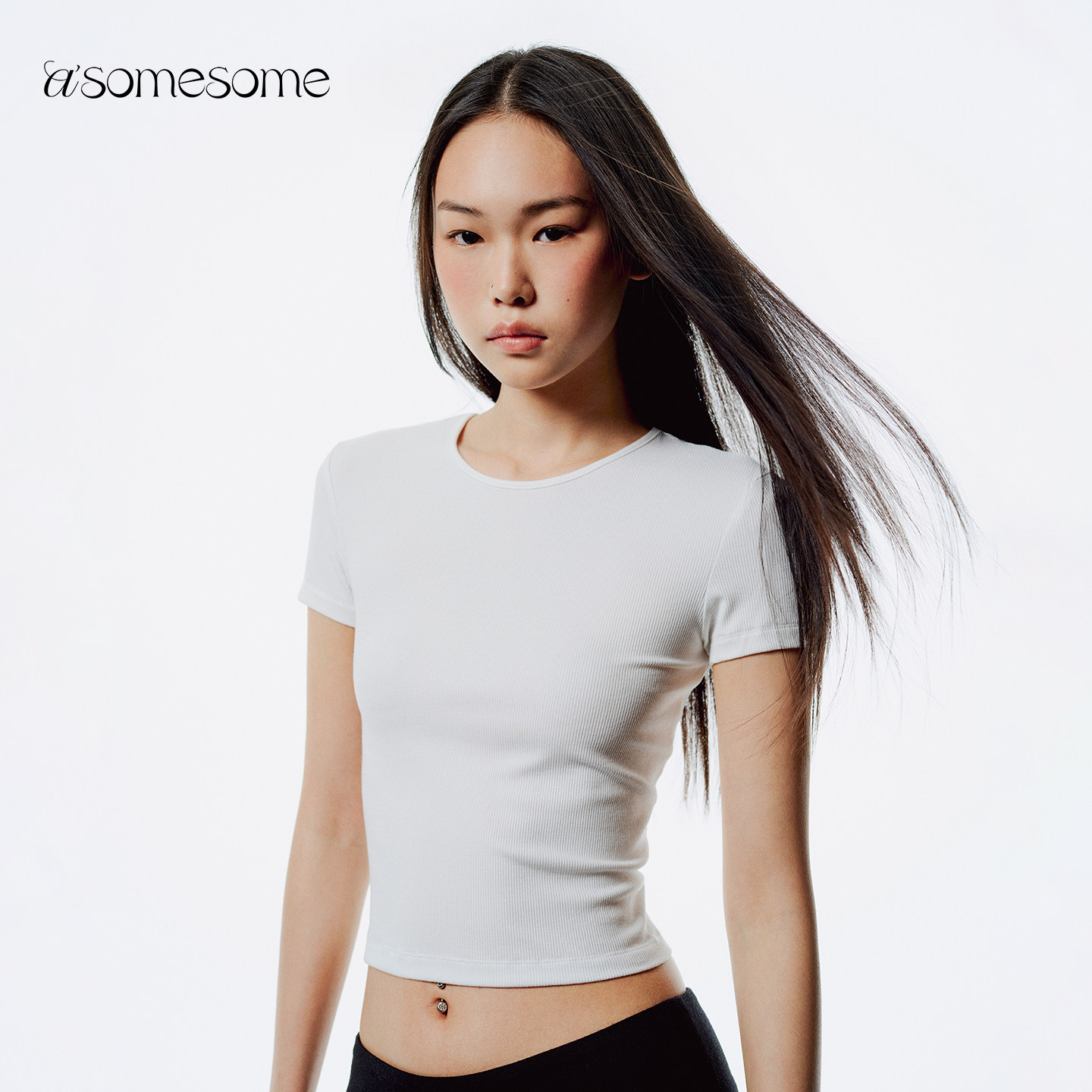 asomesome螺纹弹力圆领正肩短袖t恤女夏修身显瘦运动休闲半袖上衣