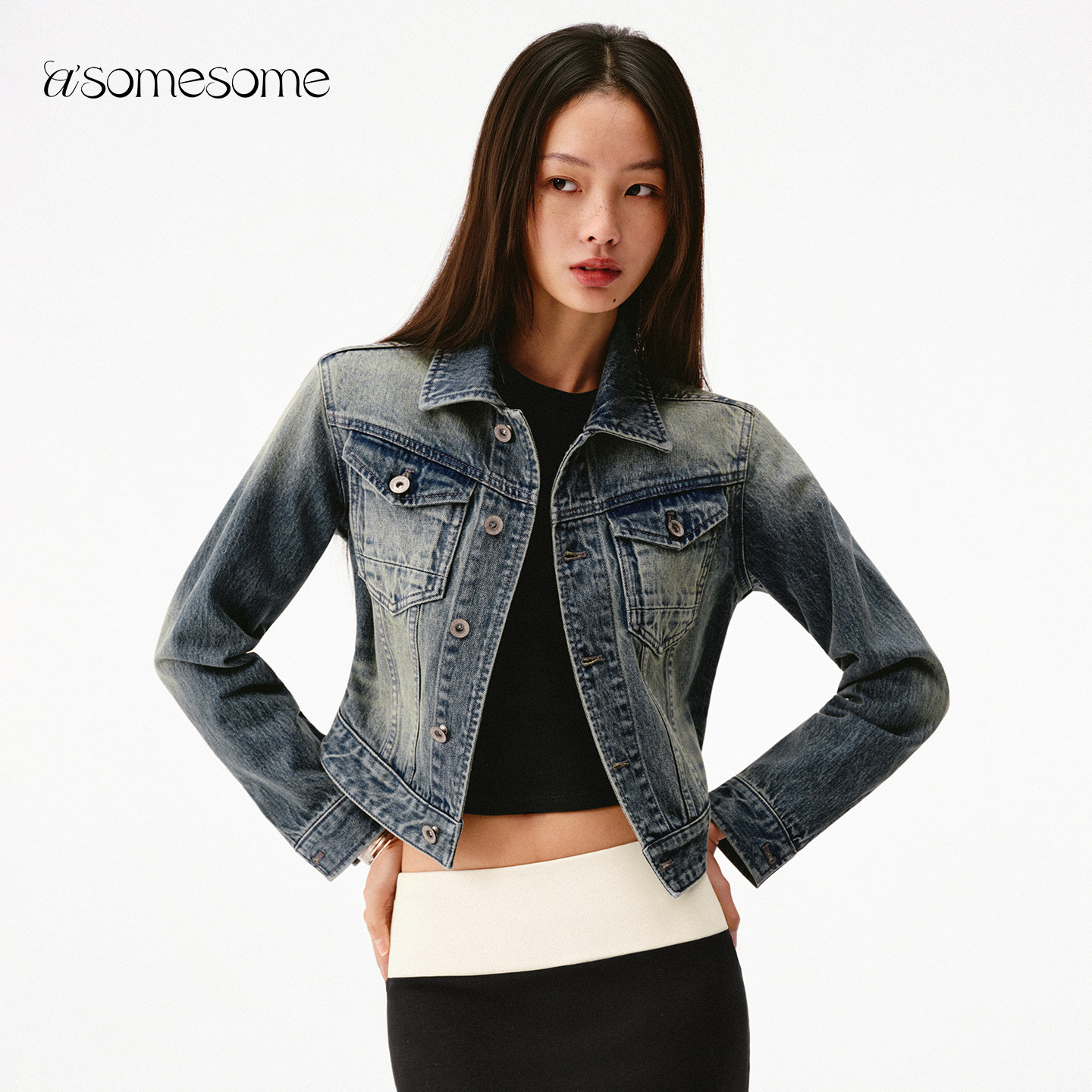 asomesome宋祖儿同款复古翻领水洗牛仔外套女宽松 夹克短款上衣
