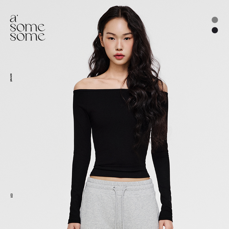 asomesome美式一字肩针织长袖T恤女2025春新款修身内搭打底衫上衣