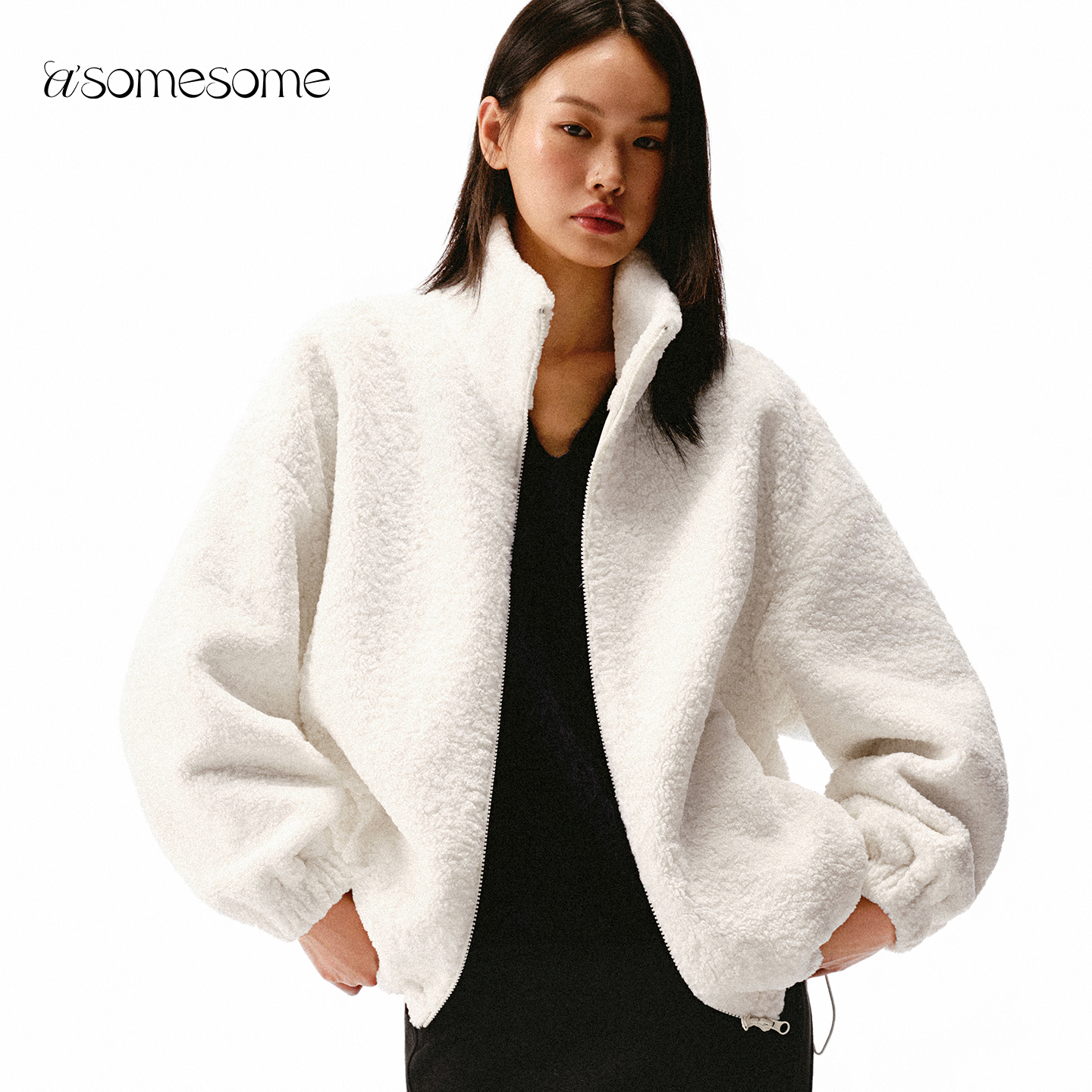 asomesome白色摇粒绒颗粒绒外套