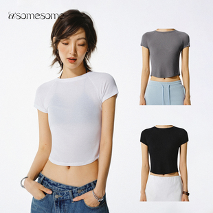 asomesome莱赛尔亚麻短袖T恤女夏新亲肤透气修身显瘦休闲运动上衣