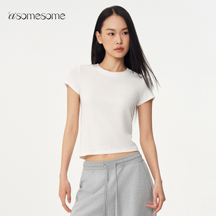 asomesome修身基础款打底正肩白色短袖t恤女春夏运动弹力休闲上衣