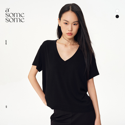 asomesome基础款V领黑色短袖T恤女春夏亲肤透气宽松休闲棉质上衣