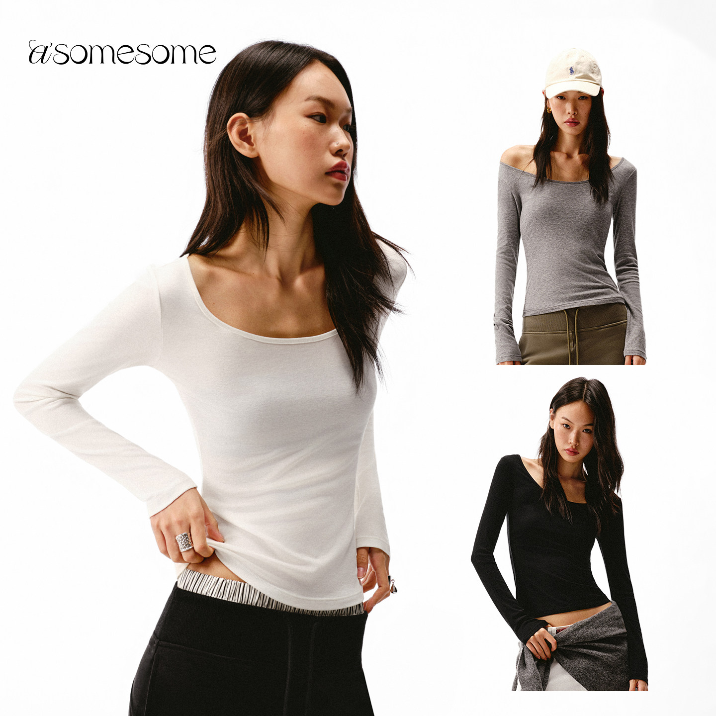 asomesome莱赛尔羊毛针织衫圆领微透白色打底长袖女秋冬内搭上衣